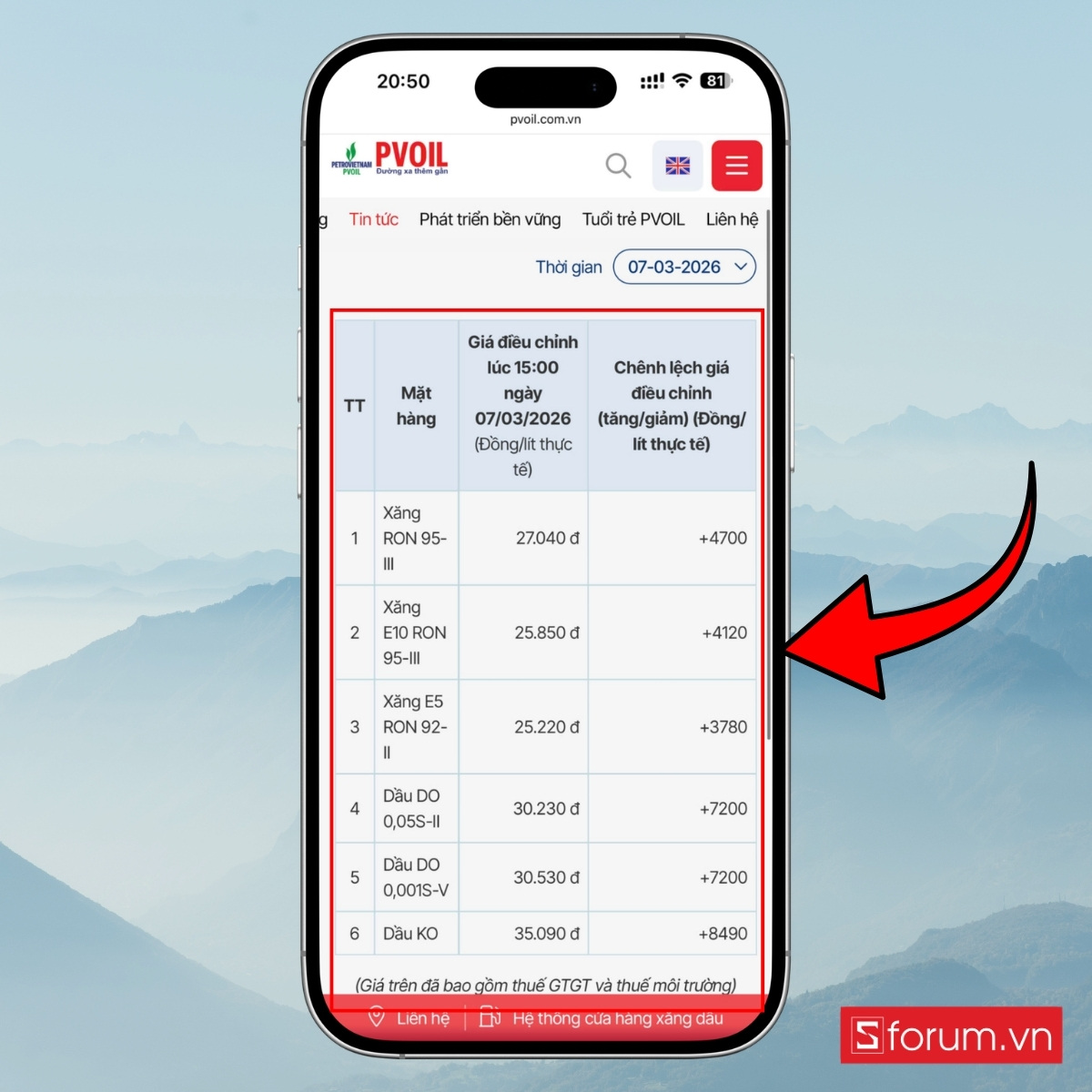 Cách xem giá xăng dầu trên website PVOIL bước 2