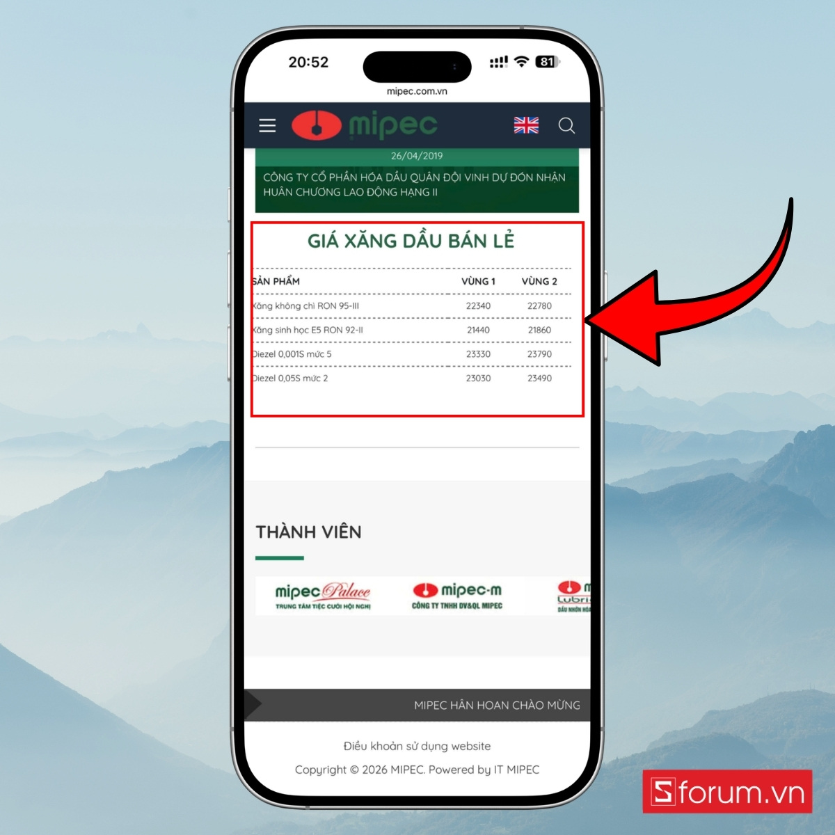 Cách xem giá xăng dầu trên website MIPEC bước 2