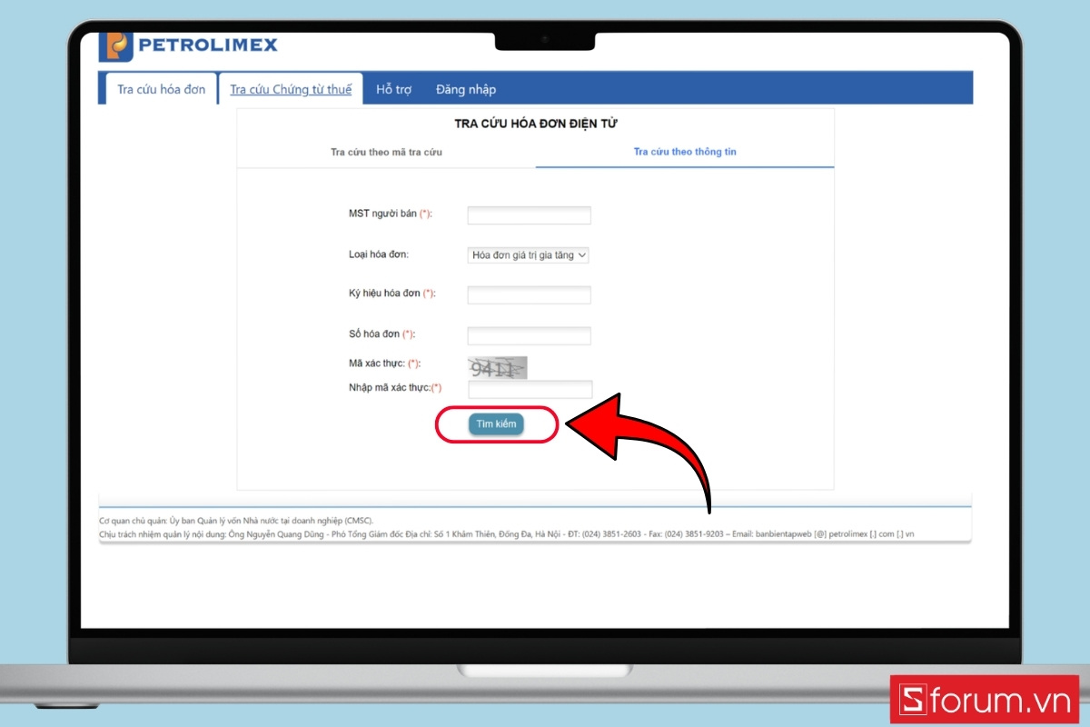 Tra cứu hóa đơn xăng dầu theo thông tin hóa đơn bấm Tìm kiếm