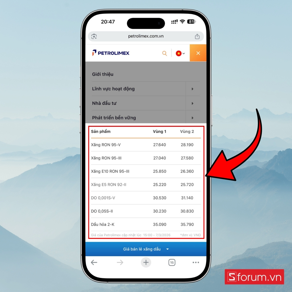 Cách xem giá xăng dầu trên website Petrolimex bước 4