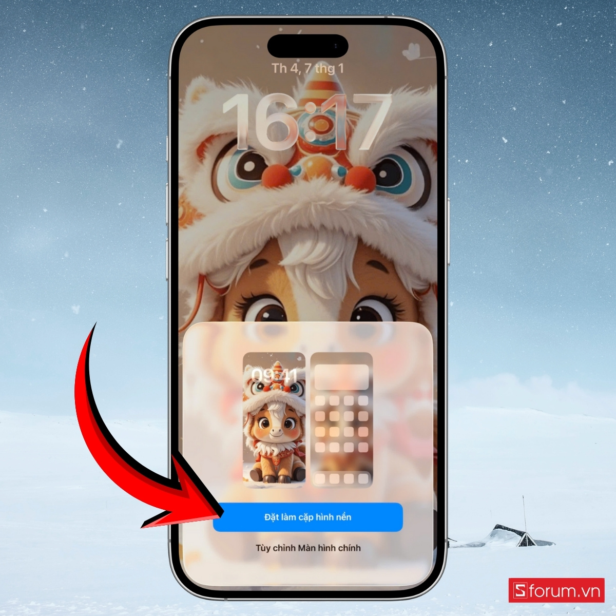 Cách đổi hình nền đỏ Tết trên iPhone cài đặt vị tri