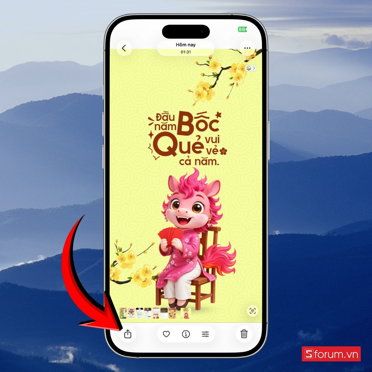 Cách đổi hình nền Tết Bính Ngọ trên iPhone chọn biểu tượng mũi tên