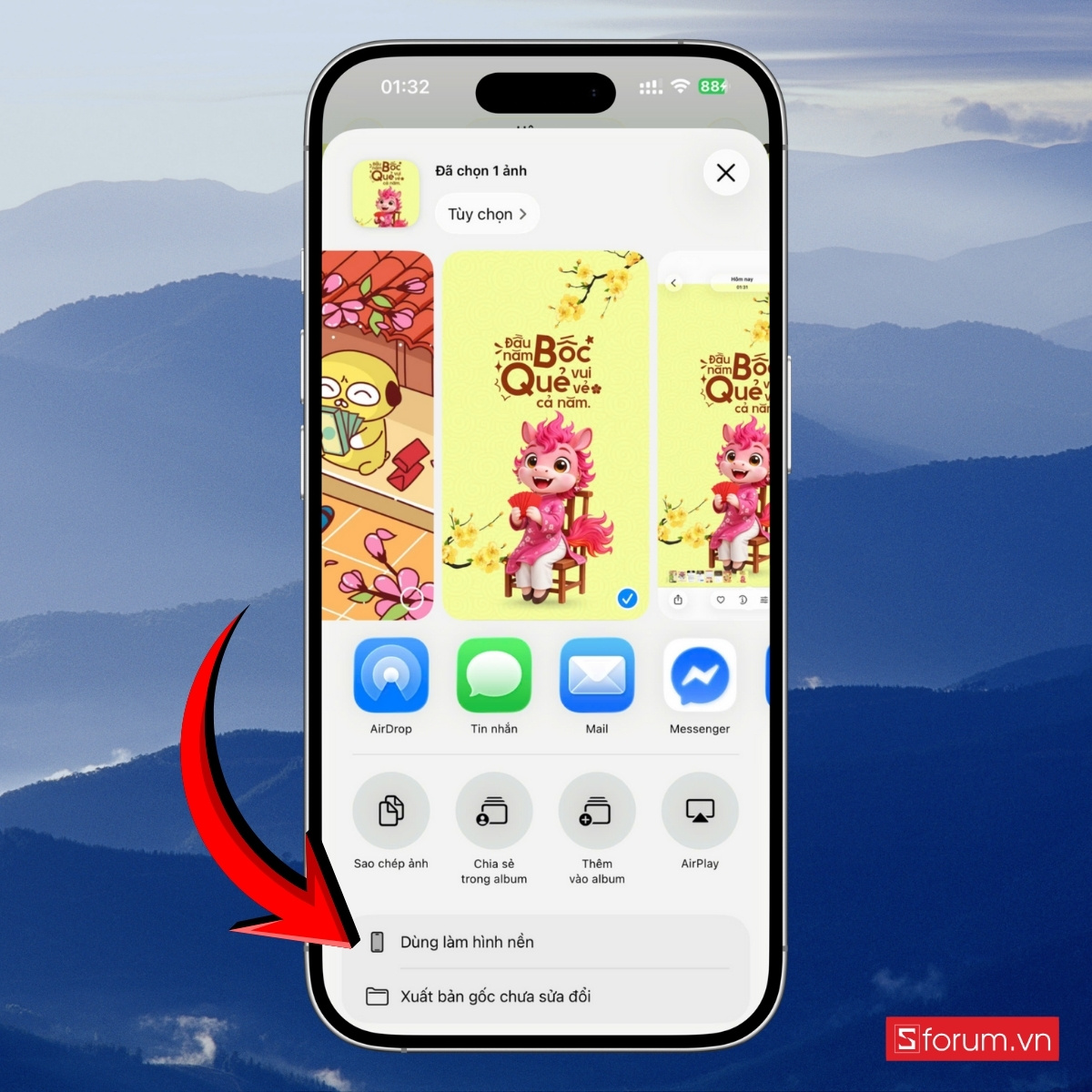 Cách đổi hình nền Tết Bính Ngọ trên iPhone bấm Dùng làm ảnh nền