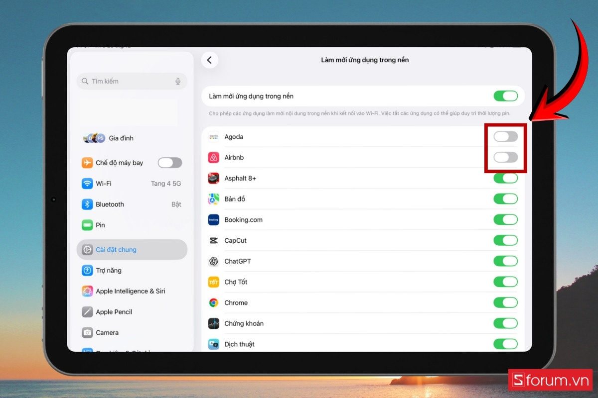 Tắt làm mới ứng dụng trong nền khi đang sạc bước 3