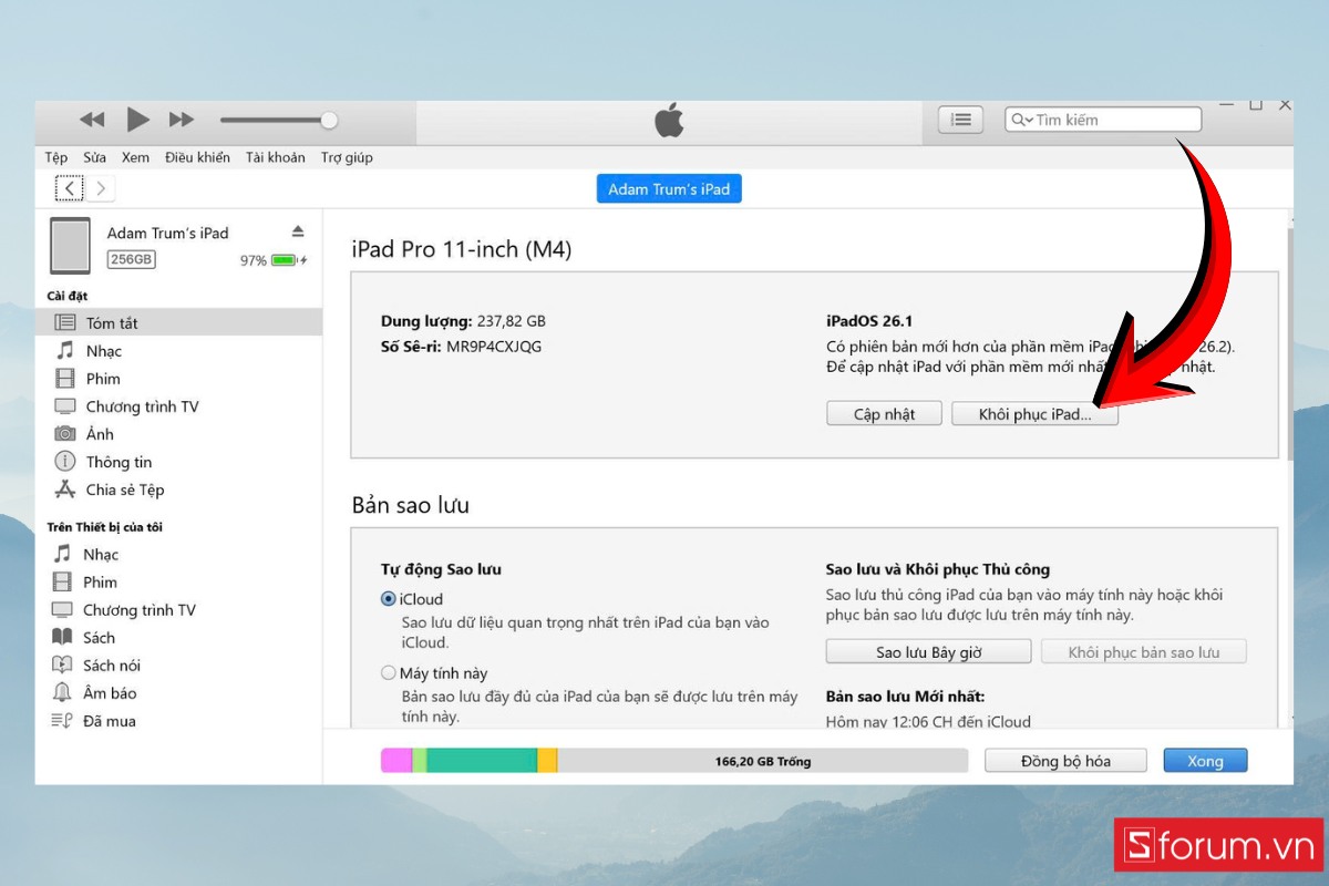 Khôi phục iPad trong iTunes khi gặp lỗi không sạc được pin iPad - bước 6