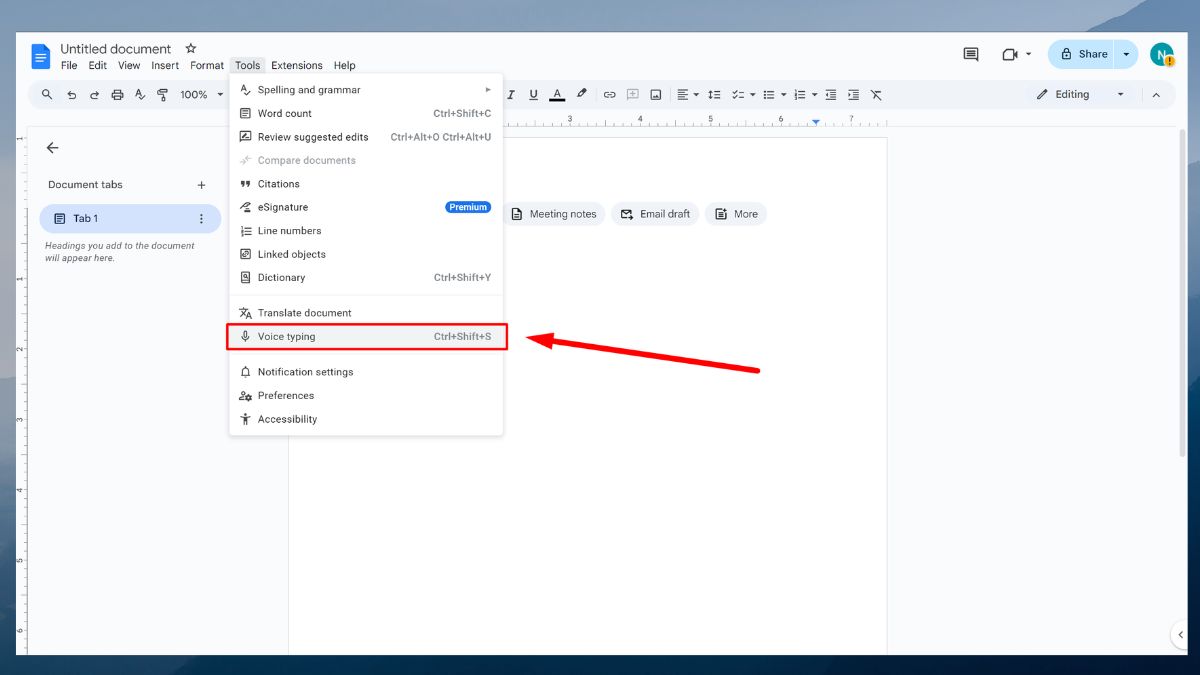 Nhập văn bản bằng giọng nói trên Google Docs bước 1