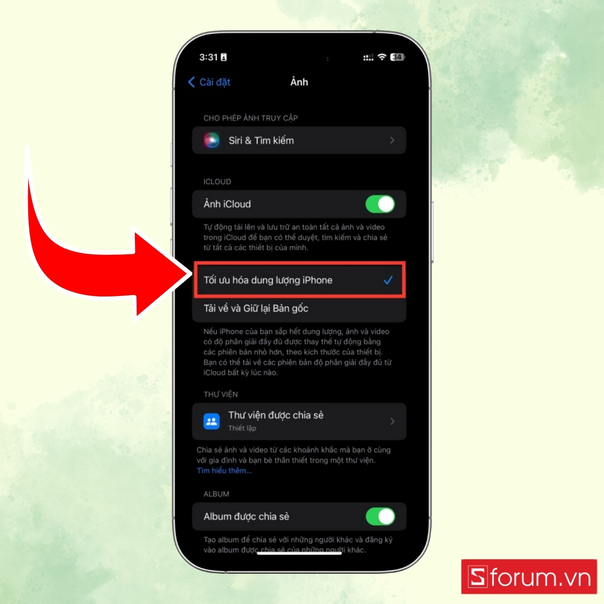 Bật tính năng tối ưu hóa dung lượng iPhone