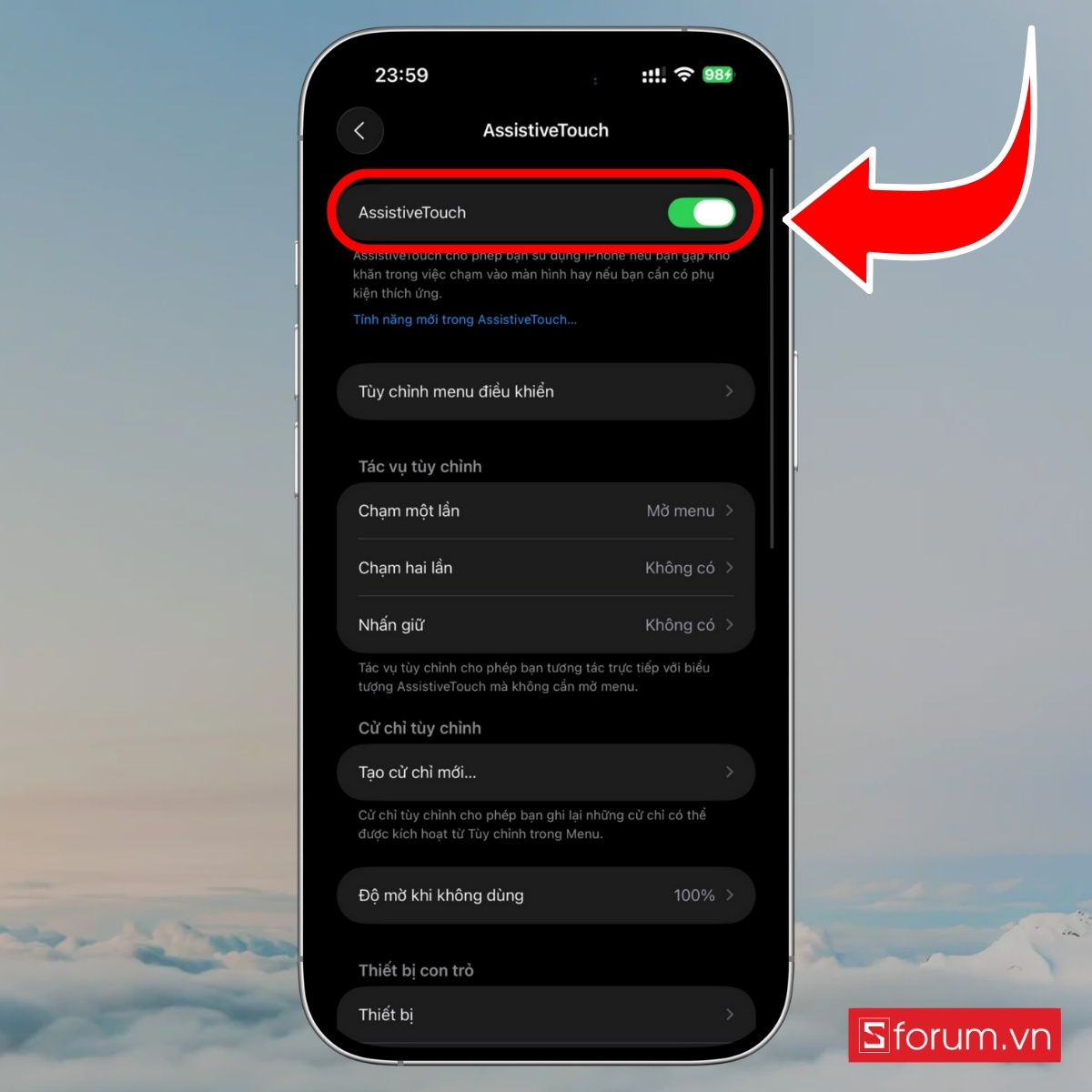 Cách tắt màn hình trên iPhone 17 Pro Max bằng nút Home ảo bước 2