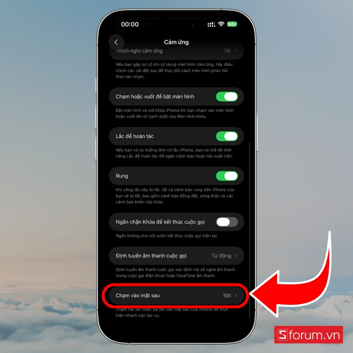 Cách tắt màn hình trên iPhone 17 Pro Max chạm vào mặt lưng bước 2