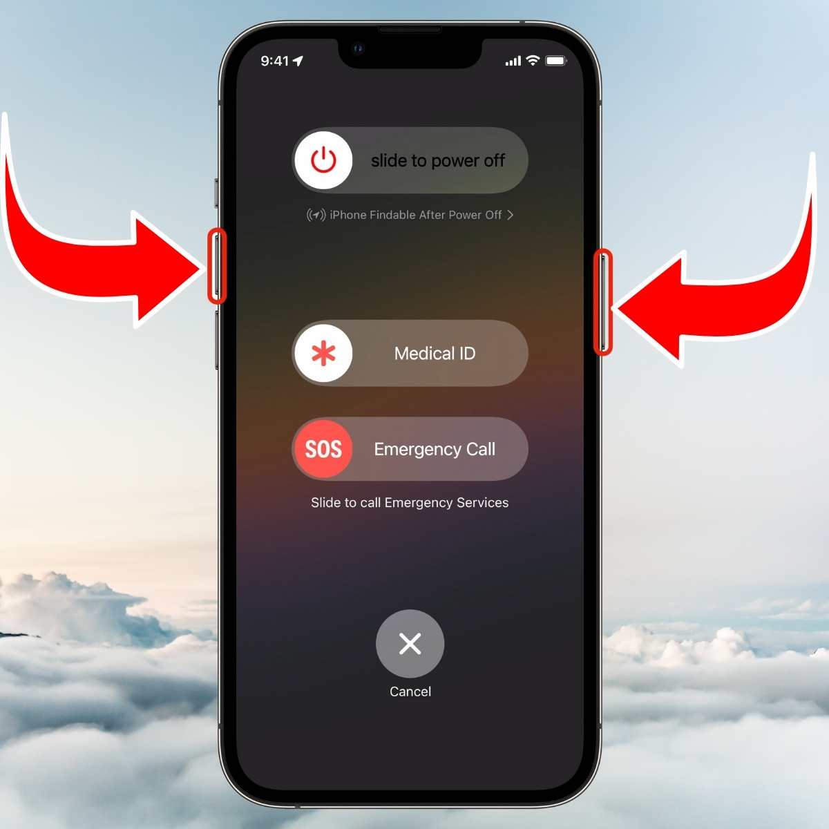 Tắt nguồn iPhone 12 bằng cách Sử dụng đồng thời nút nguồn và nút tăng âm lượng