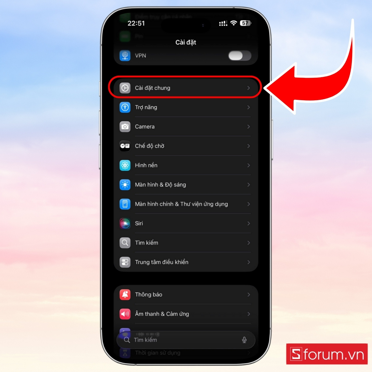 Cách tắt nguồn iPhone 17 qua mục Cài đặt bước 2