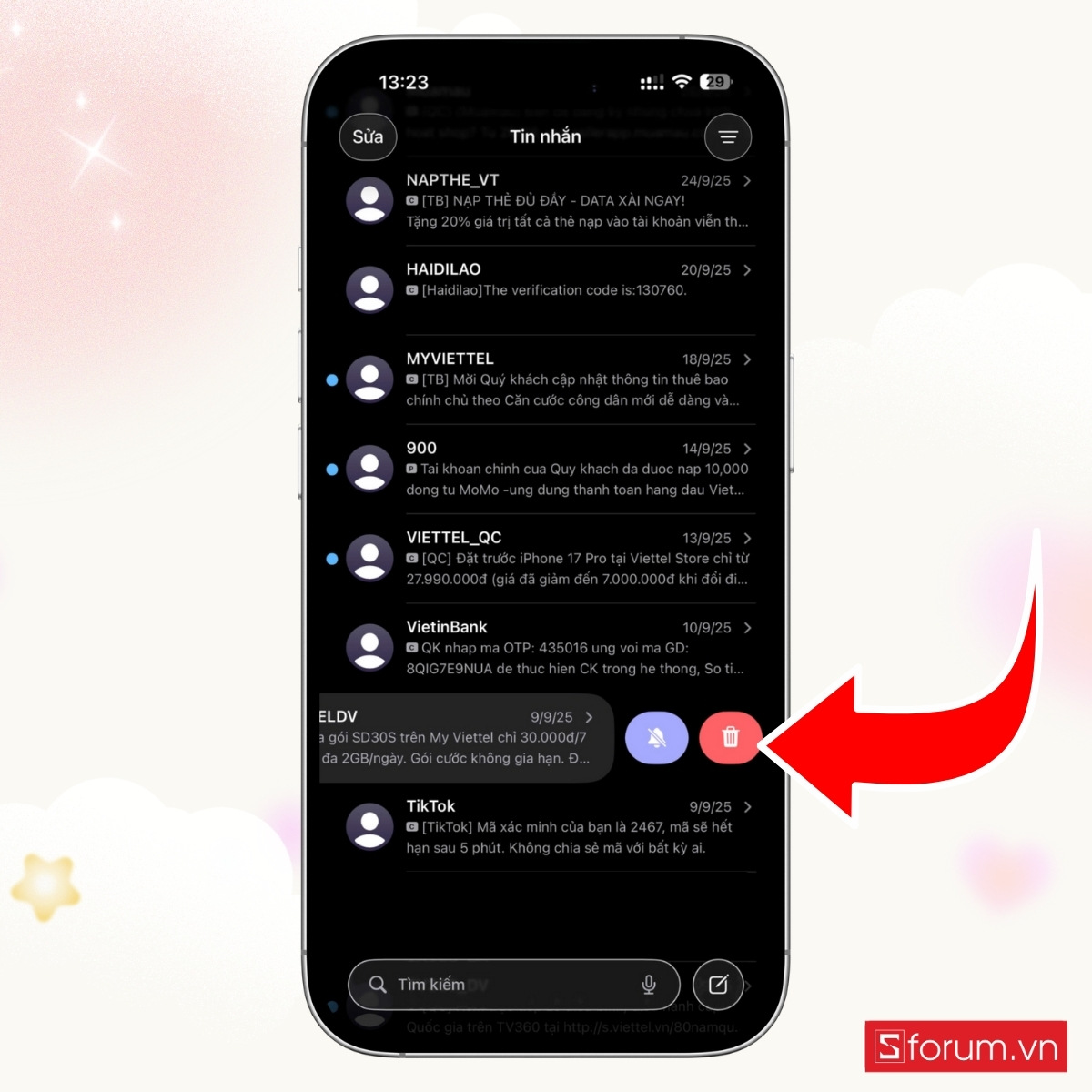 Cách xóa tin nhắn trên iPhone với từng hội thuộc tin nhắn - bước 3