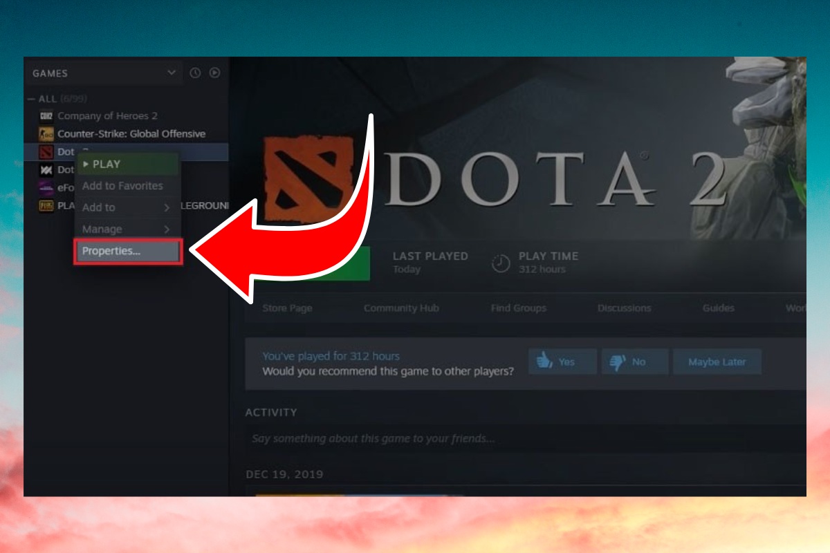 Thiết lập lại trong Dota 2 Launch Options bước 2