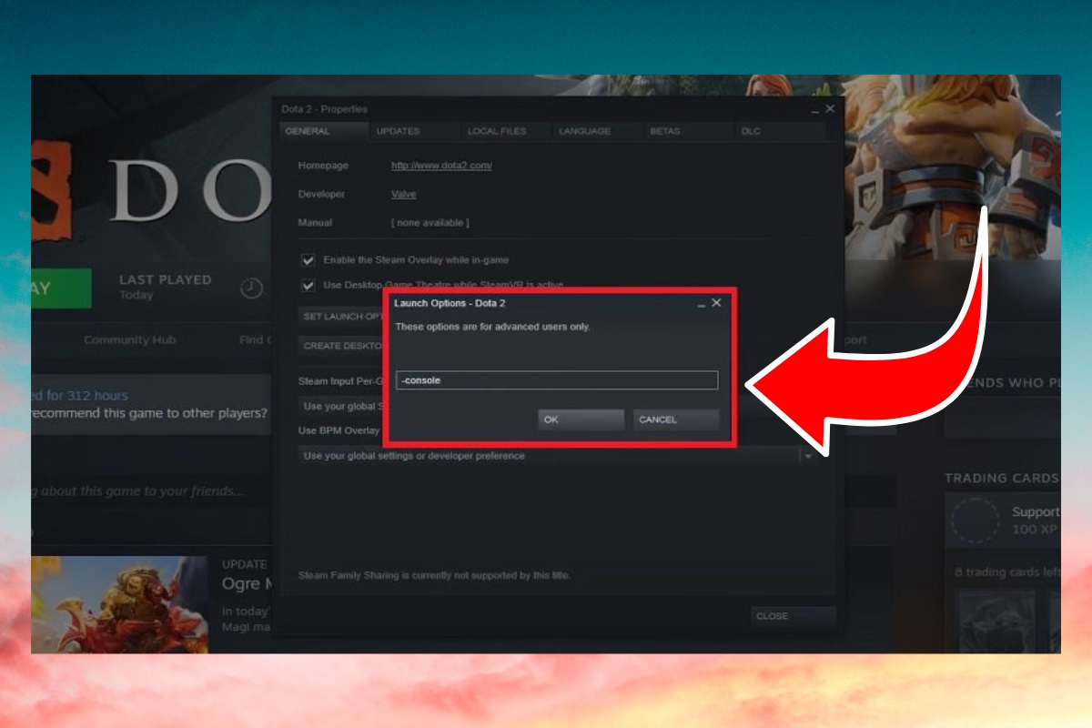 Thiết lập lại trong Dota 2 Launch Options bước 3