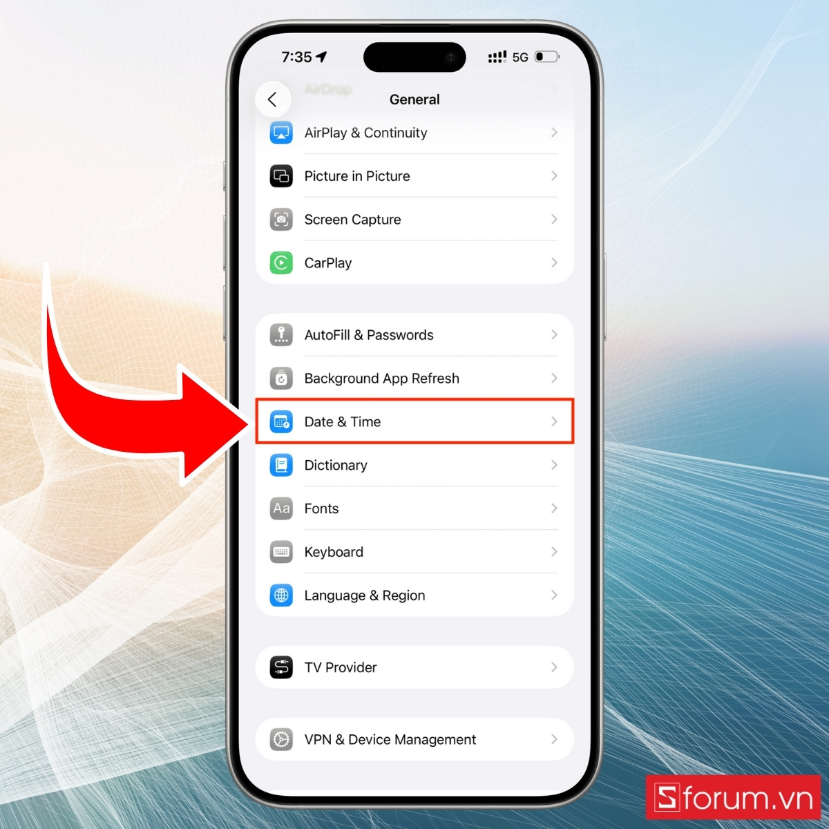 Kiểm tra cài lại Ngày và giờ khi iPhone không gọi được FaceTime - bước 1
