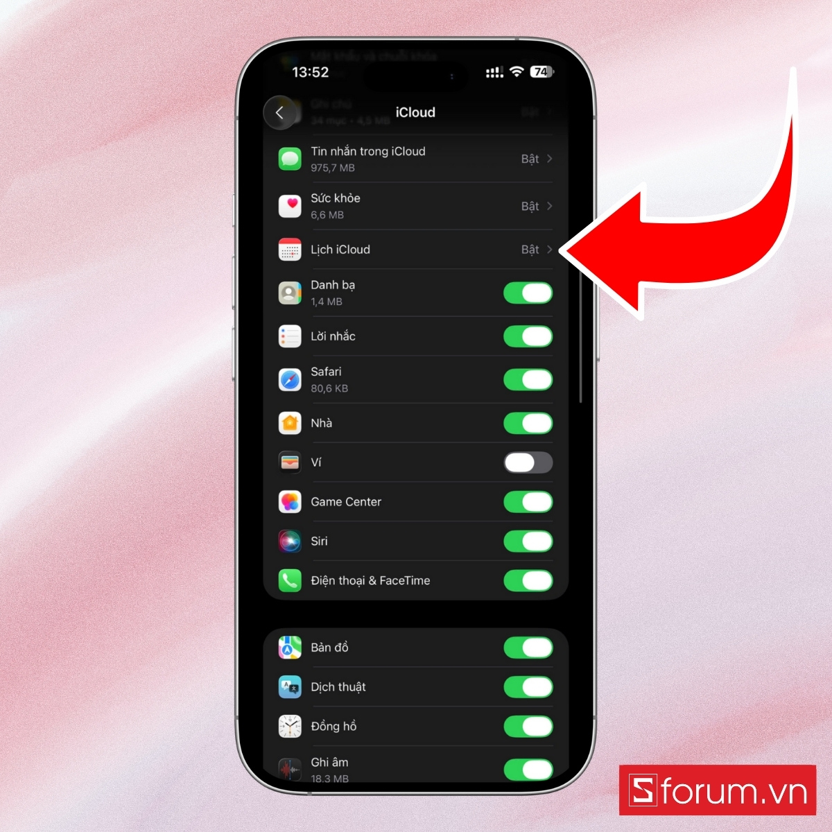 Nhấn tiếp vào mục Lịch iCloud