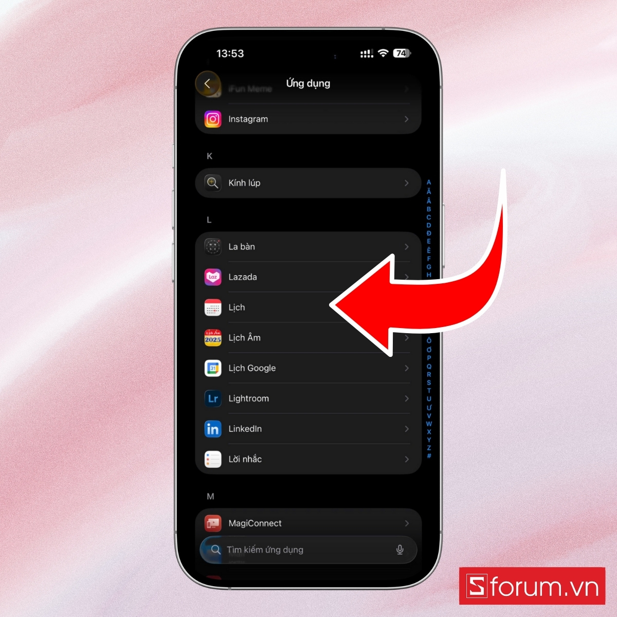Mở Cài đặt trên iPhone và truy cập mục Lịch