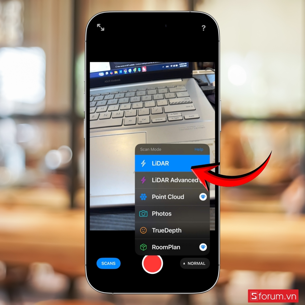 Các bước scan 3D trên iPhone bằng cảm biến LiDAR chọn chế độ quét