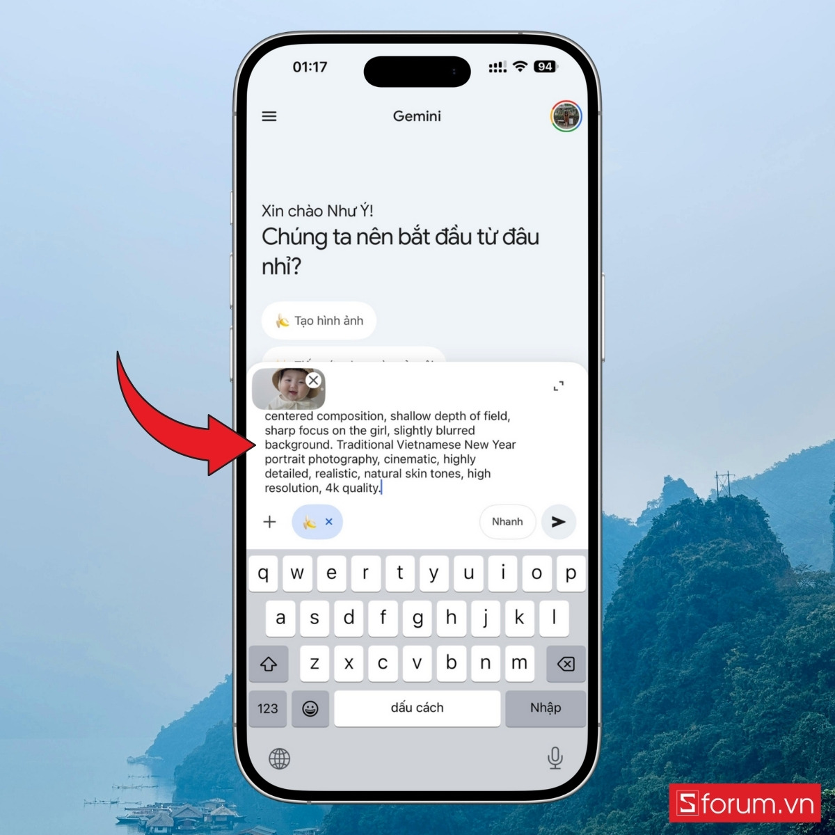 Các bước tạo ảnh Tết cho bé bằng AI Gemini trên điện thoại nhập lệnh