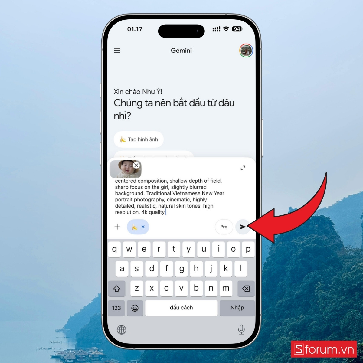 Các bước tạo ảnh Tết cho bé bằng AI Gemini trên điện thoại gửi yêu cầu