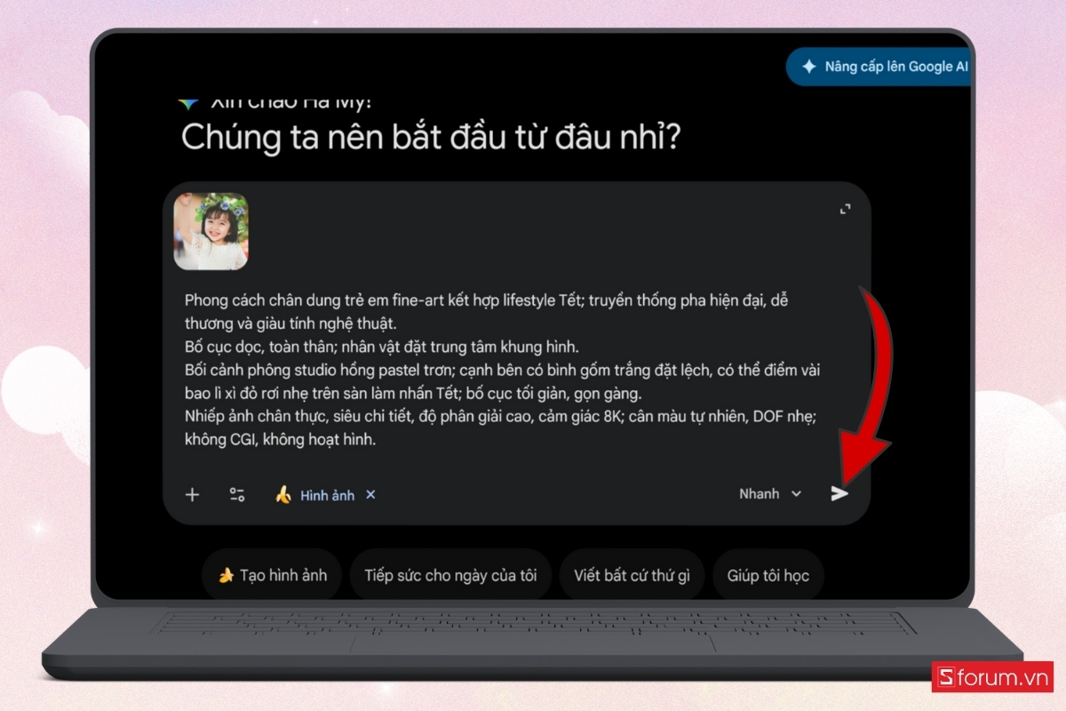 Cách tạo ảnh Tết tông hồng pastel cho bé gái bằng AI truy cập vào công cụ AI nhấn gửi