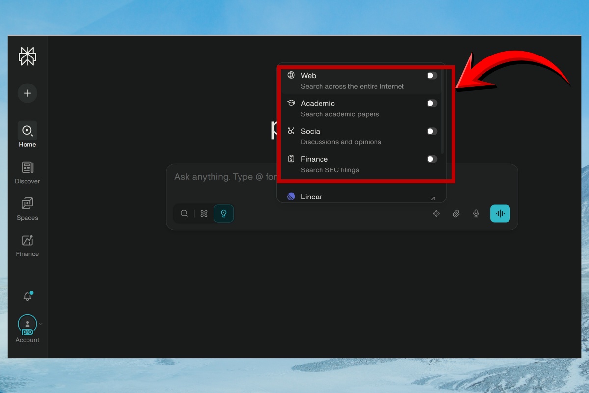 Kích hoạt Perplexity Lab và chọn nguồn dữ liệu 4