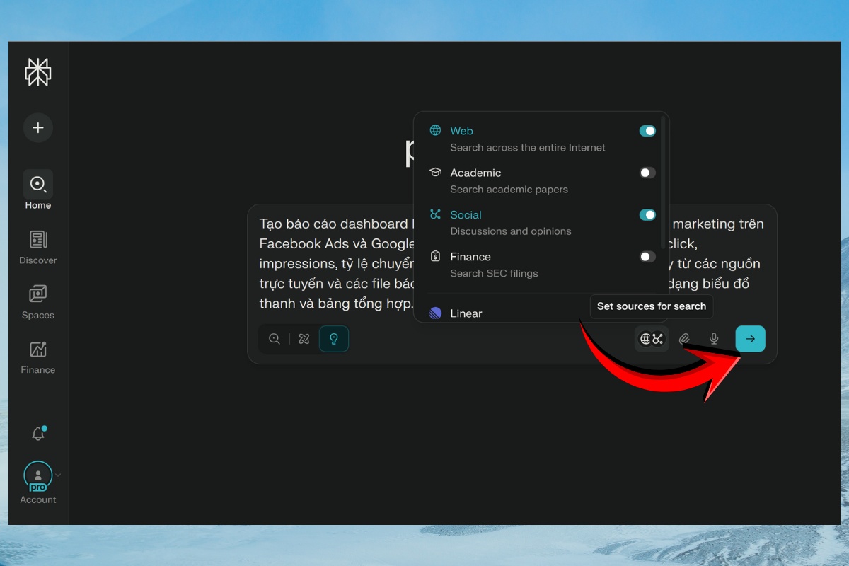 Kích hoạt Perplexity Lab và chọn nguồn dữ liệu 5