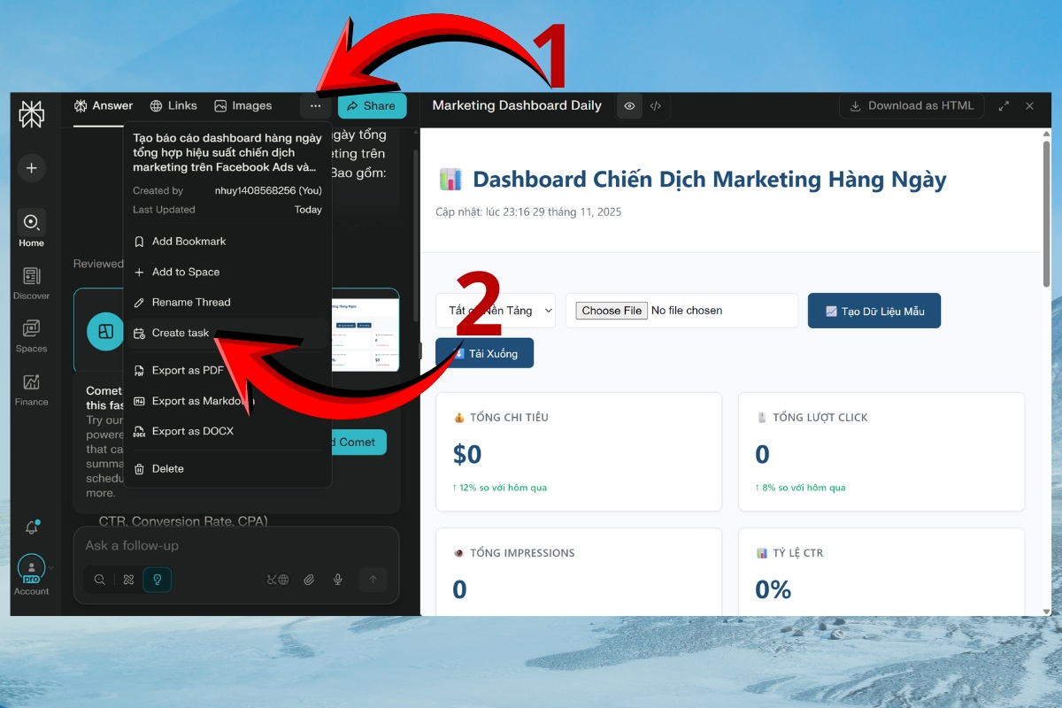 Kích hoạt Perplexity Lab và chọn nguồn dữ liệu 6