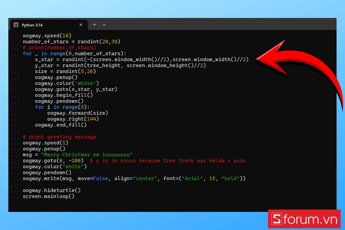 Cách tạo cây thông Noel với bầu trời đầy sao bằng Python 3