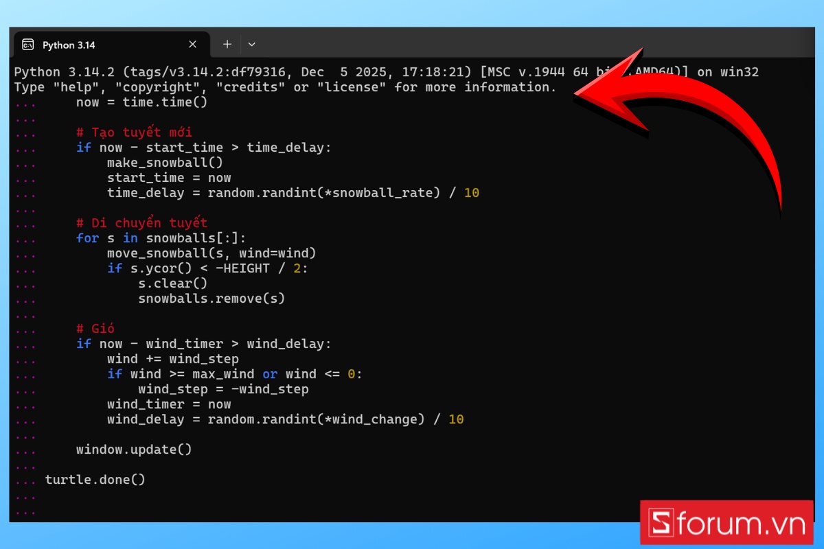 Code thiệp Giáng sinh người tuyết qua Python 3