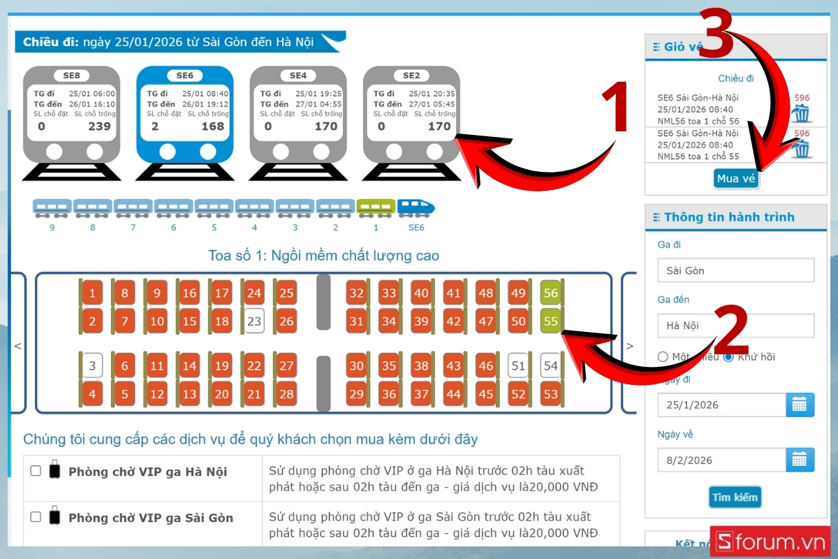 Đặt vé qua website Tổng công ty Đường sắt Việt Nam lựa chọn ghế