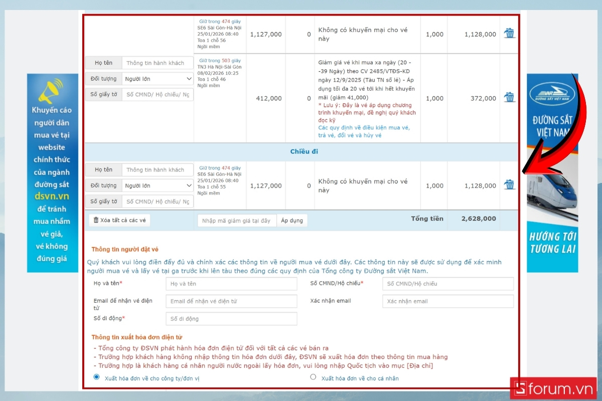Đặt vé qua website Tổng công ty Đường sắt Việt Nam điền thông tin