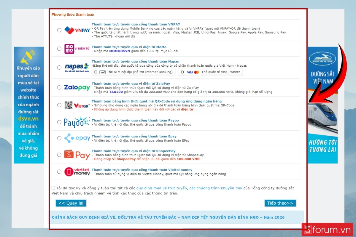 Đặt vé qua website Tổng công ty Đường sắt Việt Nam tiến hành thanh toán
