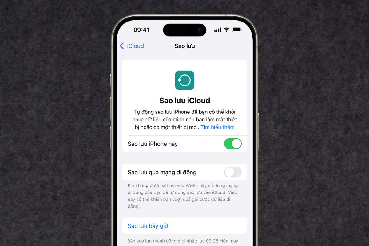 Bật iCloud và sao lưu dữ liệu