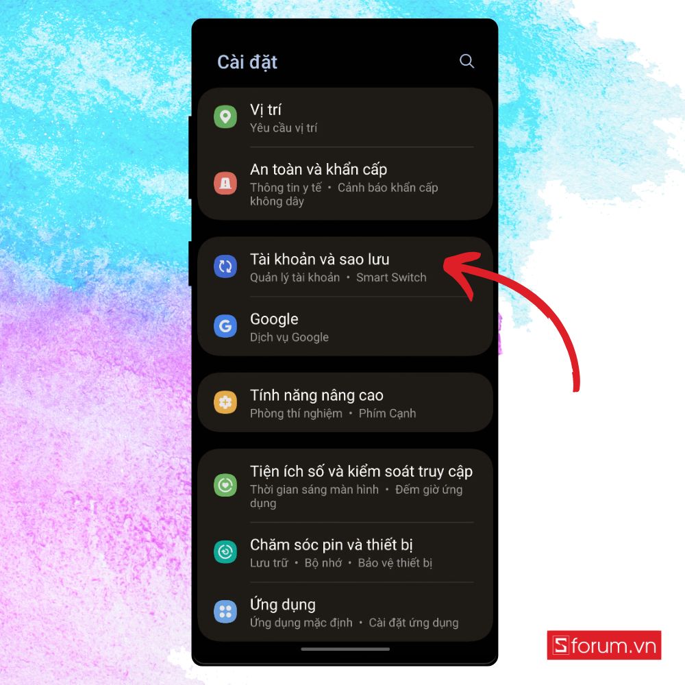 Chọn Tài khoản và sao lưu để xóa tài khoản Samsung