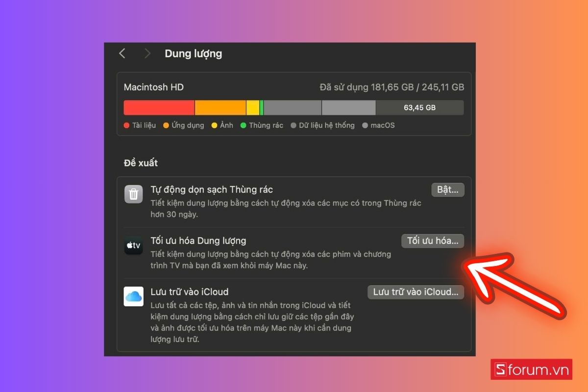 Khắc phục dung lượng Macbook đầy bằng Optimize Storage - bước 2