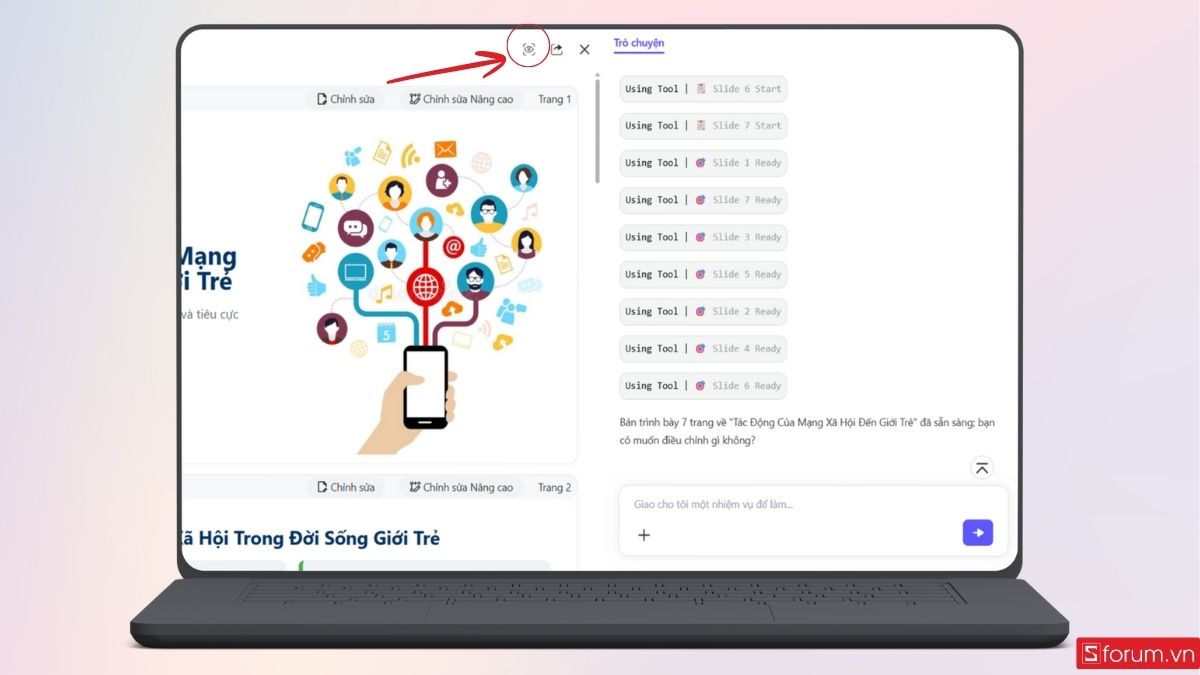 Nhấn vào biểu tượng như hình để xem trước slide