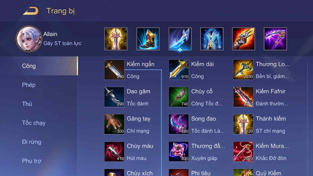 Bộ trang bị phù hợp cho Allain