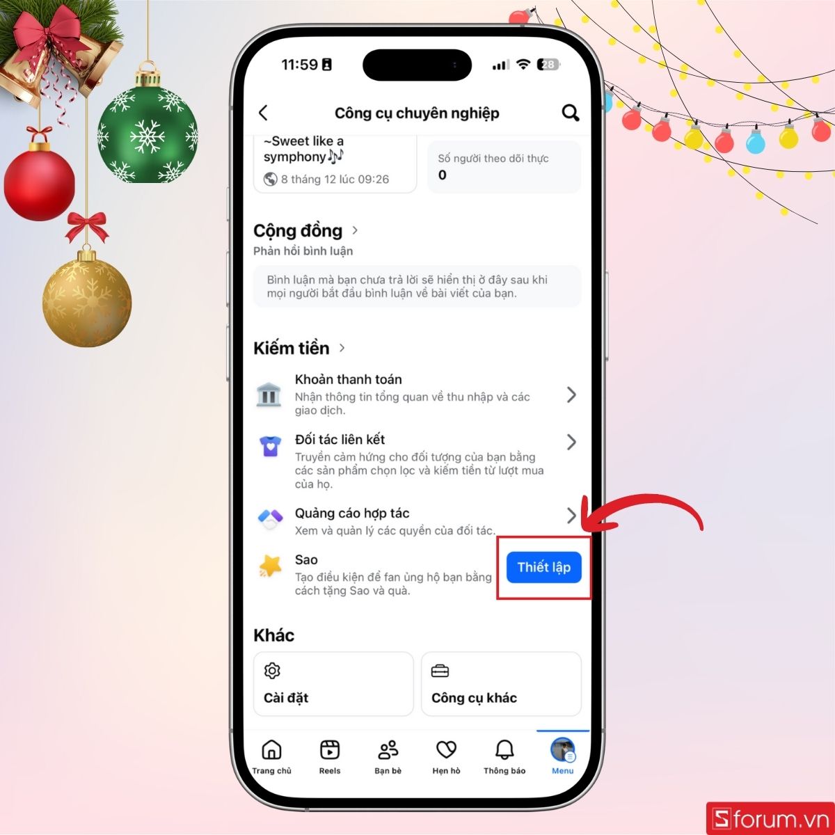 Nhấn thiết lập ở mục Sao trong Công cụ chuyên nghiệp