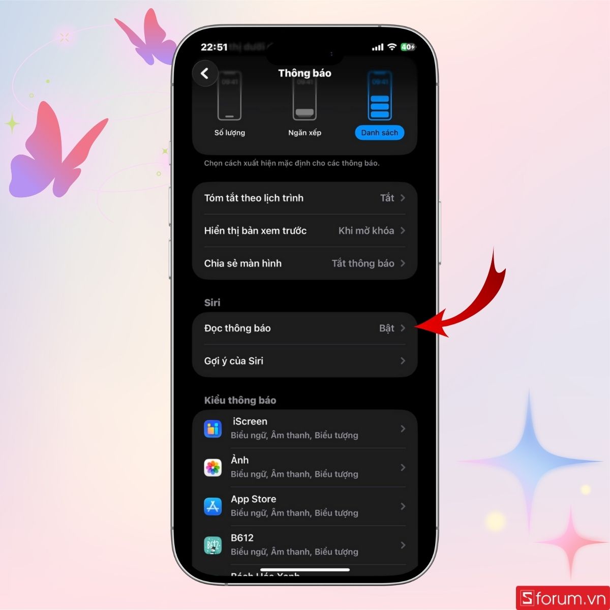 Tìm mục Đọc thông báo trong phần Siri