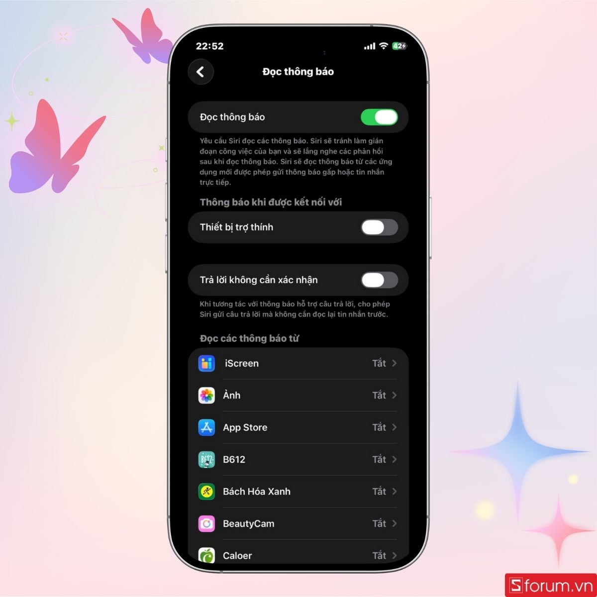 Giao diện sau khi Bật thông báo ứng dụng Siri