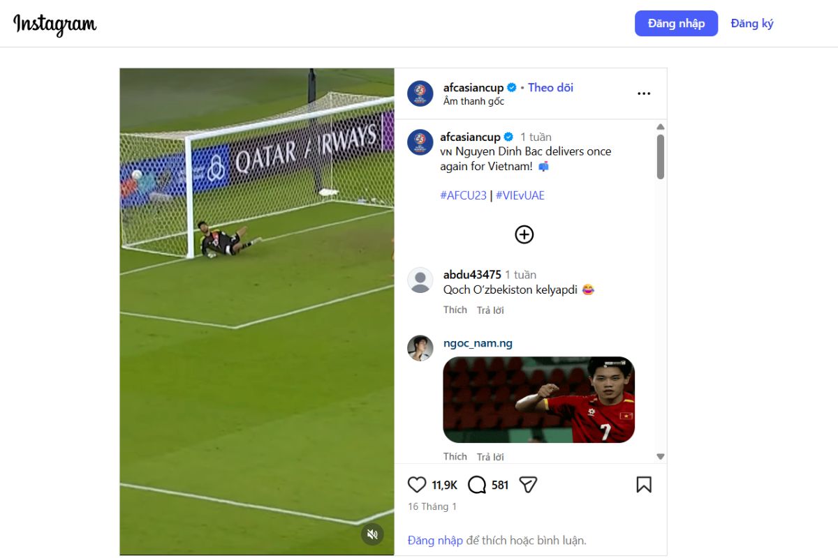 Pha ghi bàn của Nguyễn Đình Bắc đạt gần 12K tim trên Instagram của AFC