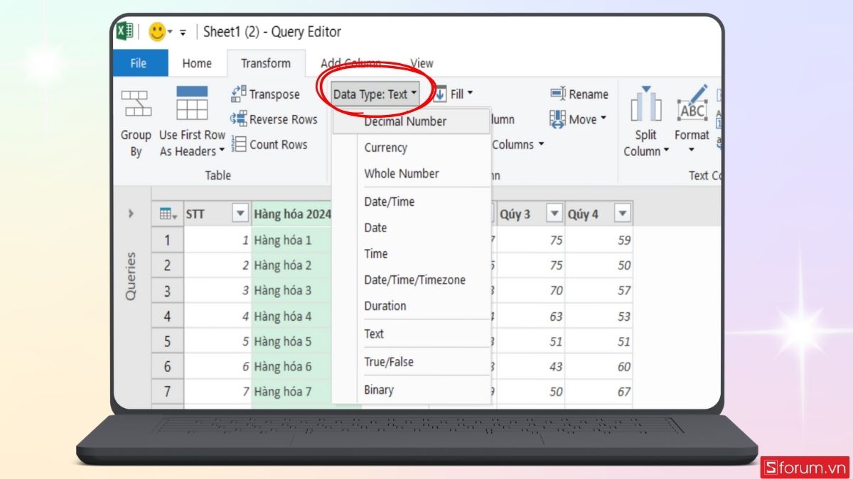 Tính năng Change Data Type