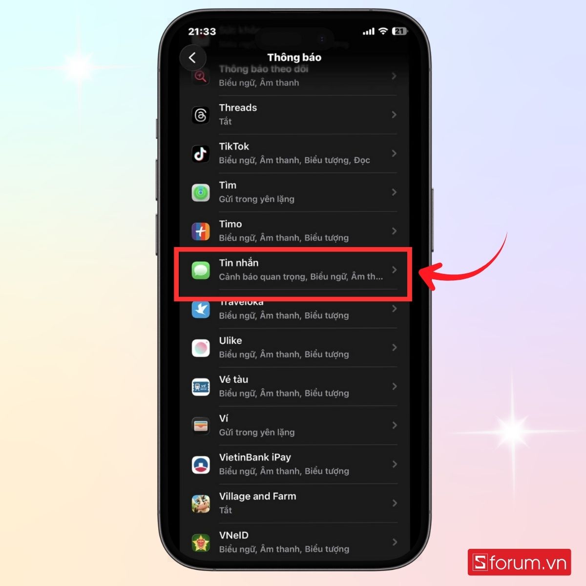 Chọn mục Tin nhắn trong Thông báo