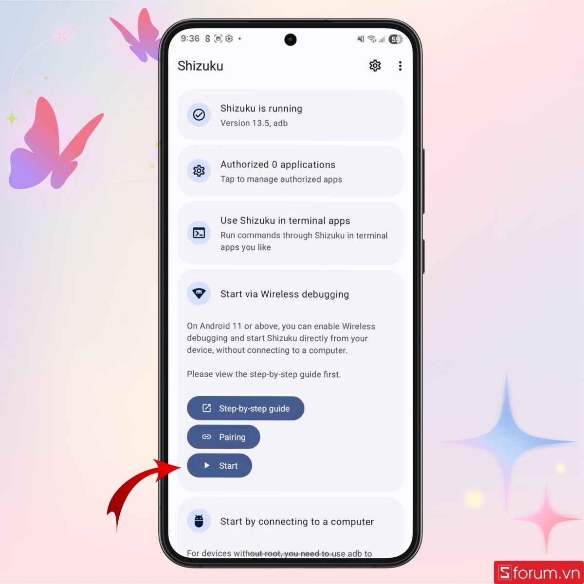 Vào ứng dụng Shizuku và nhấn Bắt đầu