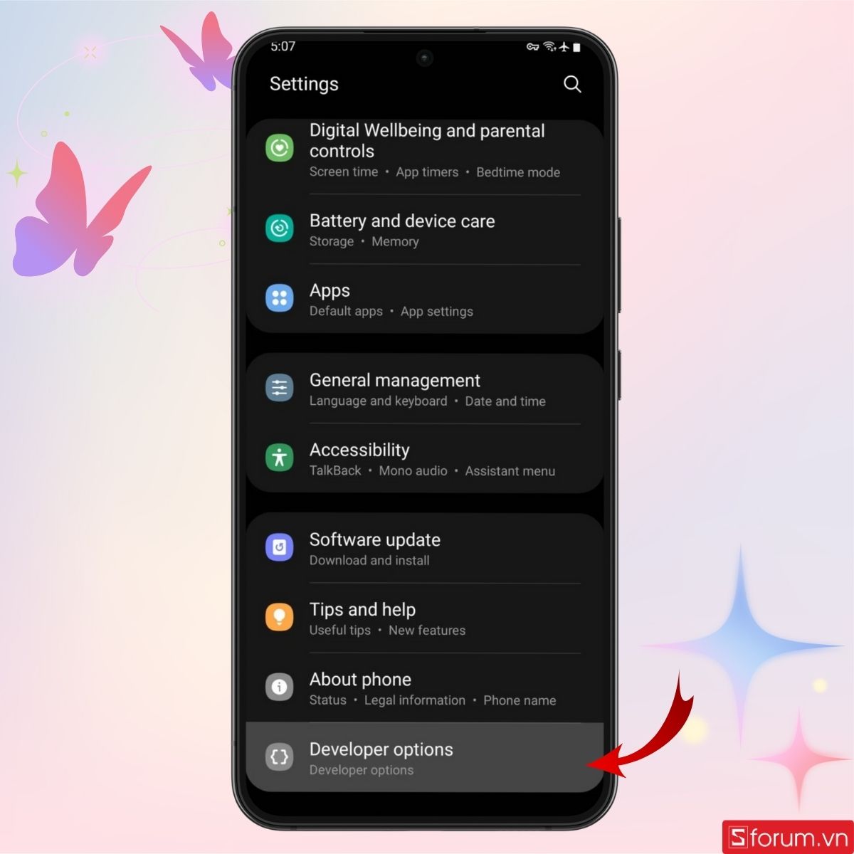 Chọn phần Chế độ nhà phát triển trong mục Cài đặt