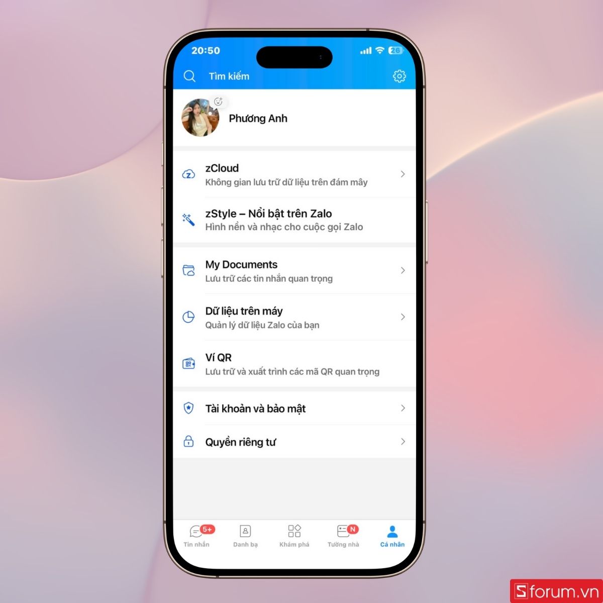 Giao diện trang cá nhân trên Zalo