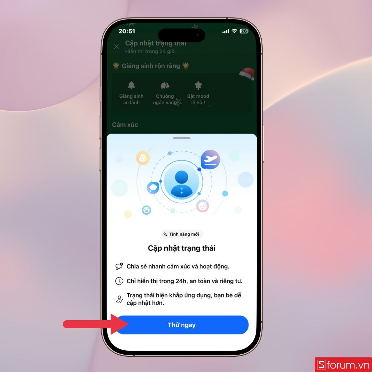 Nhấn Thử ngay để tiếp tục cập nhật trạng thái