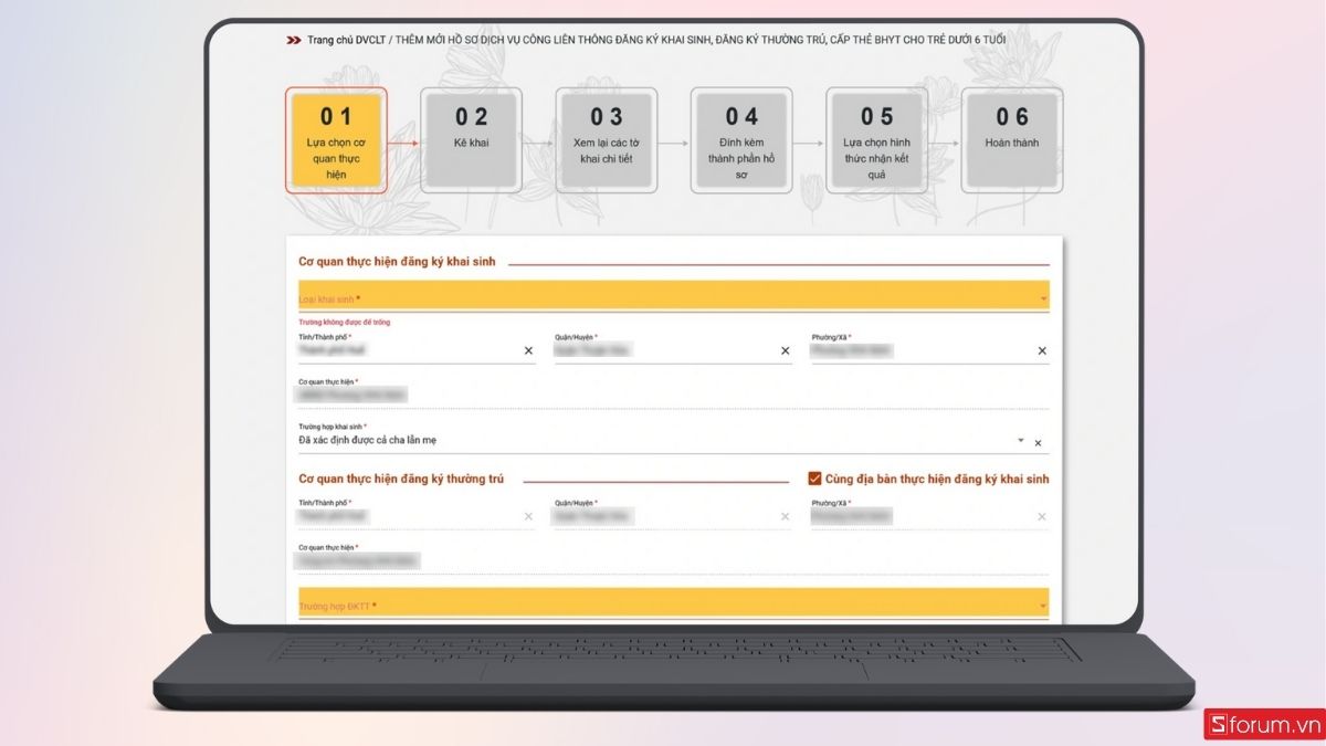 Nhập thông tin cơ quan thực hiện đăng ký khai sinh và thường trú