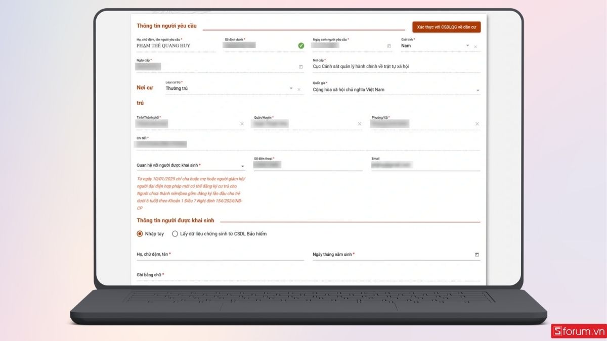 Nhập thông tin người yêu cầu làm giấy khai sinh online